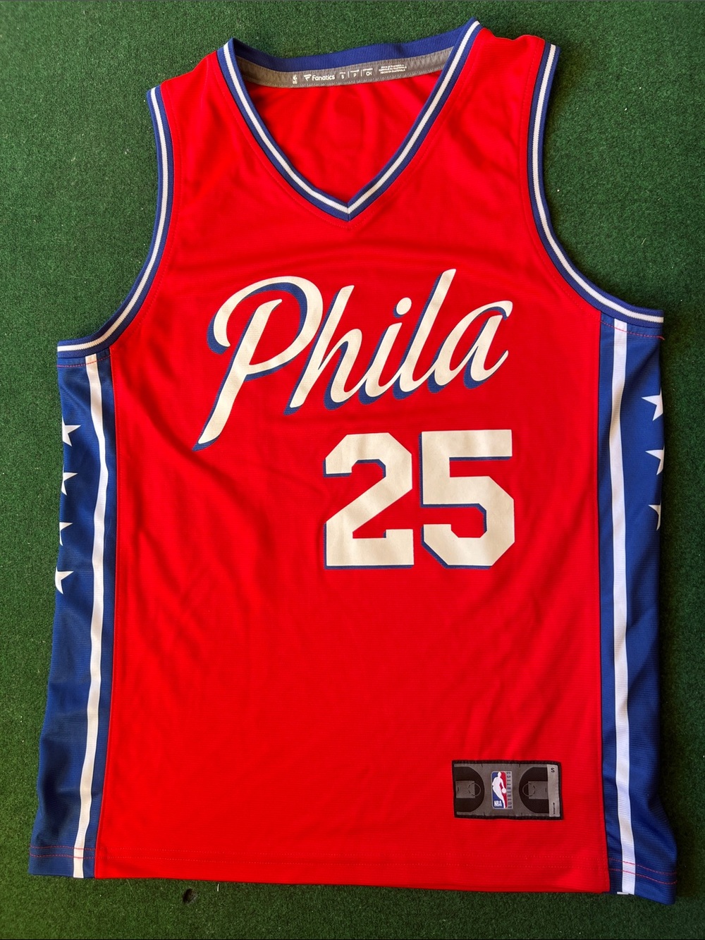 Fanatics Red Basketball Jersey with Blue and White V-Neck